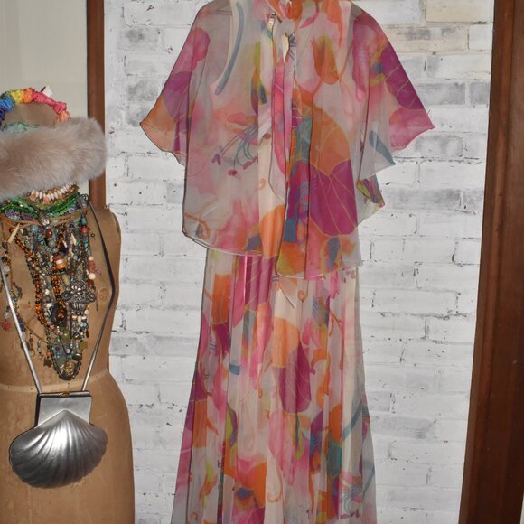 1960's VINTAGE Abstract Flora Chiffon Maxi Stunning Dress Small Size - Picture 14 of 16